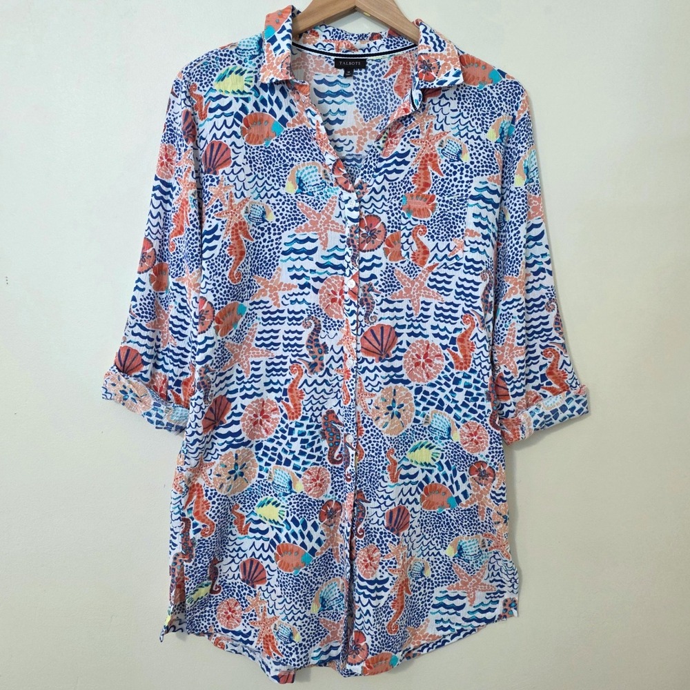 Talbots Crinkle Cotton Beach Top Sz M Seahorse‎ Print Button Up Cover Vacation